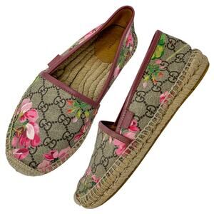 Gucci Bloom GG Supreme Monogram Canvas Pink Floral Print Espadrille Flats 37.5